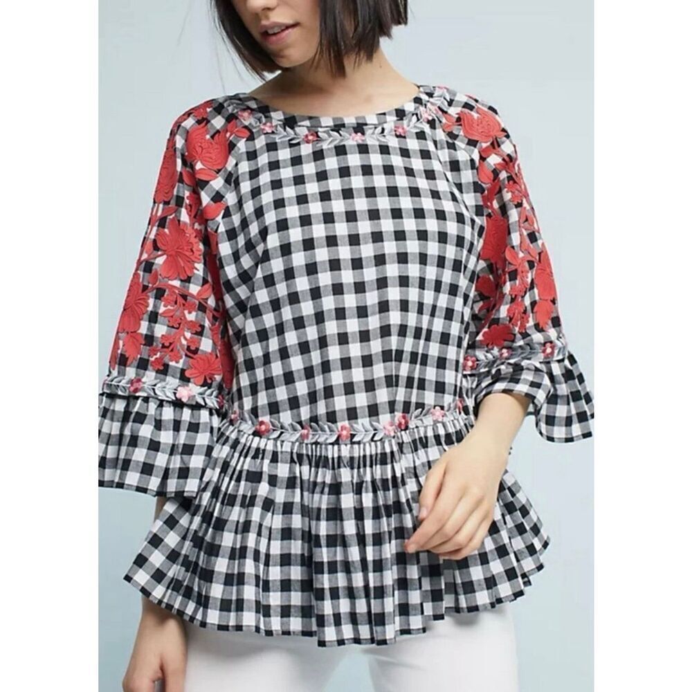 Anthropologie Pankaj & Nidhi checkered gingham embroidered floral swing blouse s
